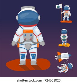 Vector astronauts in space, working character and having fun spaceman galaxy atmosphere system fantasy traveler man.