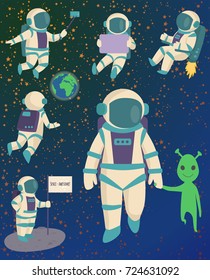 Vector astronauts in space, working character and having fun spaceman galaxy atmosphere system fantasy traveler man.