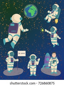 Vector astronauts in space, working character and having fun spaceman galaxy atmosphere system fantasy traveler man.