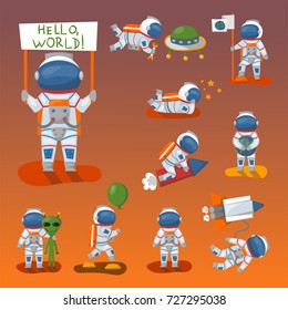 Vector astronauts in space, working character and having fun spaceman galaxy atmosphere system fantasy traveler man.