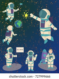 Vector astronauts in space, working character and having fun spaceman galaxy atmosphere system fantasy traveler man.