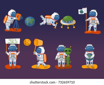 Vector astronauts in space, working character and having fun spaceman galaxy atmosphere system fantasy traveler man.