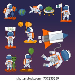 Vector astronauts in space, working character and having fun spaceman galaxy atmosphere system fantasy traveler man.