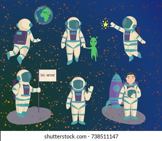 Vector astronauts in space, working character and having fun spaceman galaxy atmosphere system fantasy traveler man.