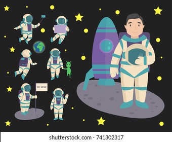 Vector astronauts in space, working character and having fun spaceman galaxy atmosphere system fantasy traveler man.