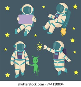 Vector astronauts in space, working character and having fun spaceman galaxy atmosphere system fantasy traveler man.