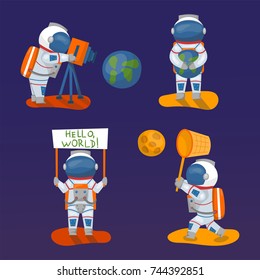 Vector astronauts in space, working character and having fun spaceman galaxy atmosphere system fantasy traveler man.