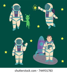 Vector astronauts in space, working character and having fun spaceman galaxy atmosphere system fantasy traveler man.