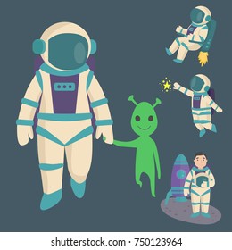 Vector astronauts in space, working character and having fun spaceman galaxy atmosphere system fantasy traveler man.