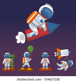 Vector astronauts in space, working character and having fun spaceman galaxy atmosphere system fantasy traveler man.