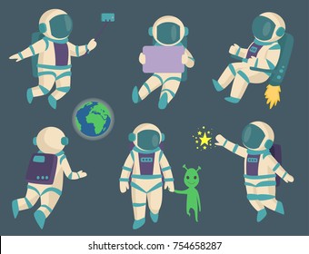 Vector astronauts in space, working character and having fun spaceman galaxy atmosphere system fantasy traveler man.