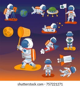 Vector astronauts in space, working character and having fun spaceman galaxy atmosphere system fantasy traveler man.