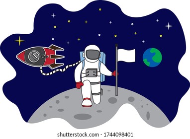 Vector Astronauts Stand on a Planet with a flag in Outer Space, an astronaut and a flag on the moon. suitable for children's drawing books, t-shirt designs, digital printing, etc.