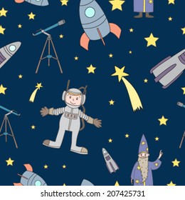 Vector astronomical seamless pattern with astronaut, telescope, rockets and stars
