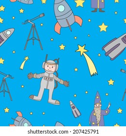 Vector astronomical seamless pattern with astronaut, telescope, rockets and stars