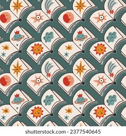 Vector astronomy book seamless pattern. Cosmos elements in simple grid pattern. Decorative repeat background. Stylish space backdrop education design.