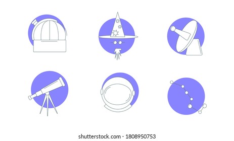Iconos de astronomía vectorial sobre fondo azul. Para la educación, atlas, ciencia, infografía, stickers, web