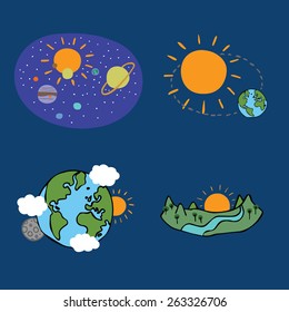 vector astronomy set for children. planets of the solar system, the Earth revolves around the sun, Earth and Moon, and Earth landscape