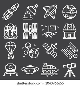 Vector Astronomy and Space Icons. Spaceman, astronaut, helmet, solar system, galaxy, planet, earth, mars satellite alien abduction shuttle rocket orbit asteroid