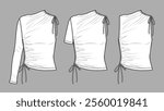 Vector asymmetric top with drawstring details fashion CAD, woman  one sleeve blouse technical drawing, template, sketch, flat, mock up. Jersey or woven fabric top set with front view, white color