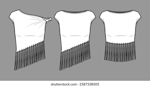 Vector asymmetric top with fringe trim fashion CAD, woman twisted strap blouse technical drawing with tassels detail, template, sketch, flat, mock up. Jersey fabric tee set with front view,white color