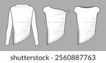 Vector asymmetric top with gathering details fashion CAD, woman twisted strap blouse technical drawing, template, sketch, flat, mock up. Jersey or woven fabric tee set with front view, white color