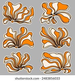 
Vector asymmetrical orange and white flowers with black outline, set of six flowers of different shapes, offset outline