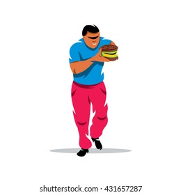 Vector Athlete on fast food eating Cartoon Illustration. Man eats very quickly. Branding Identity Corporate unusual Logo isolated on a white background