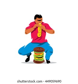 Vector Athlete on fast food eating Cartoon Illustration. Man eats very quickly. Unusual Logo template isolated on a white background