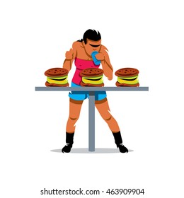 Vector Athlete on fast food speed eating Cartoon Illustration. Unusual Logo template isolated on a white background