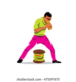 Vector Athlete on fast food eating Cartoon Illustration. Man shoves in the mouth meal. Unusual Logo template isolated on a white background