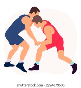 Vector athletes wrestlers in the fight, duel, fight. Figures of strong men. Greco Roman, freestyle, classical wrestling.