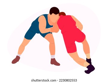 Vector athletes wrestlers in the fight, duel, fight. Figures of strong men. Greco Roman, freestyle, classical wrestling.