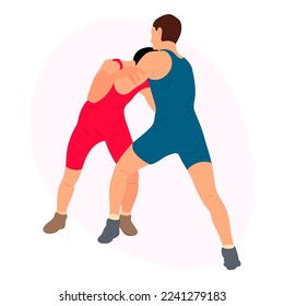 Vector athletes wrestlers in the fight, duel, fight. Figures of strong men. Greco Roman, freestyle, classical wrestling.