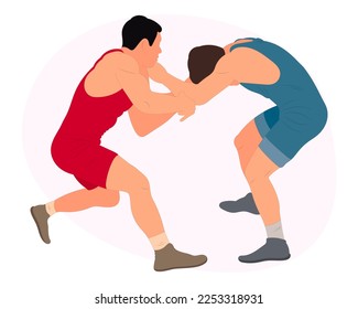 Vector athletes wrestlers in the fight, duel, fight. Figures of strong men. Greco Roman, freestyle, classical wrestling.