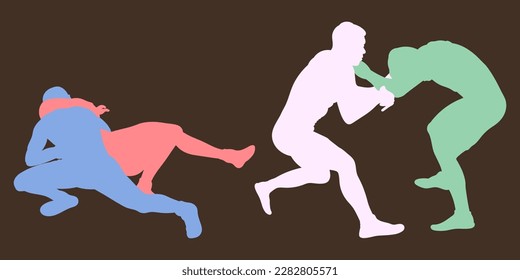 Vector athletes wrestlers in the fight, duel, fight. Figures of strong men. Greco Roman, freestyle, classical wrestling.