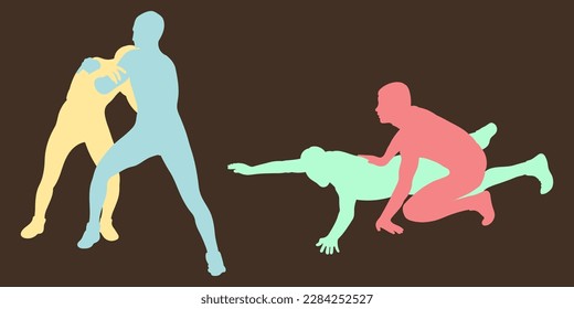 Vector athletes wrestlers in the fight, duel, fight. Figures of strong men. Greco Roman, freestyle, classical wrestling.