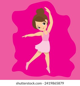 
Vector of athletic girl, ballerina, with pink tutu smiling, practicing ballet, dancing happily, in color, kawai, cartoon, cute, for any print