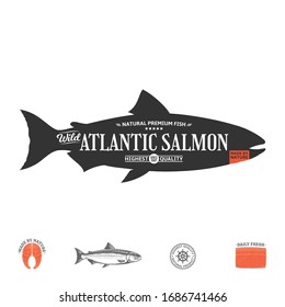 Vector Atlantic salmon label isolated on a white background. Salmon raw steak, fillet and fish illustration