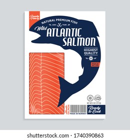Vector Atlantische Lachs Packung Design. Modern anmutende Vorlage für das Meeresfrüchteetikett