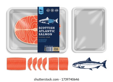 Vector Atlantic salmon packaging illustration. White foam tray with plastic film mockup. Modern style seafood label