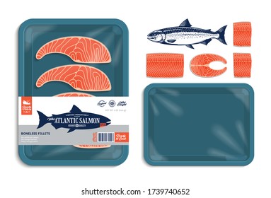 Vector Atlantic salmon packaging illustration. Teal color foam tray with plastic film mockup. Modern style seafood label for groceries, fisheries, packaging, and advertising