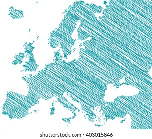 Vector Atlas Map Of The Europe Drawing In Green Marker On A White Background. Scribble Sketch Europe Map For Wallpaper, Infographics, Brochures And Presentations