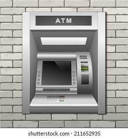 Vector ATM Bank Cash Machine on a Brick Wall Background