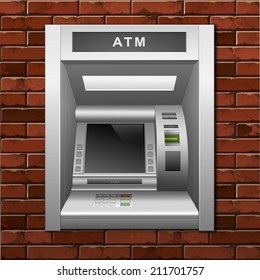 Vector ATM Bank Cash Machine on a Brick Wall Background