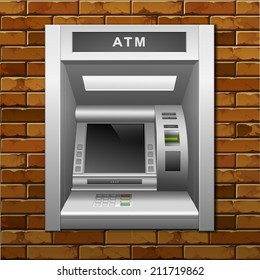 Vector ATM Bank Cash Machine on a Brick Wall Background