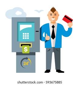 Vector ATM and Businessman. Flat style colorful Cartoon illustration.