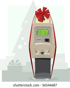 a vector of an ATM overflowing with money under a Christmas tree- talk about a stimulus package!