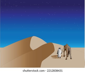 vector atmosphere of the desert in the Arabian peninsula seen a person walking while pulling a camel