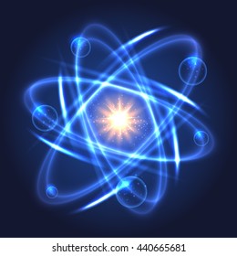 Vector Atom Icon. Shining Nuclear Model On Dark Background